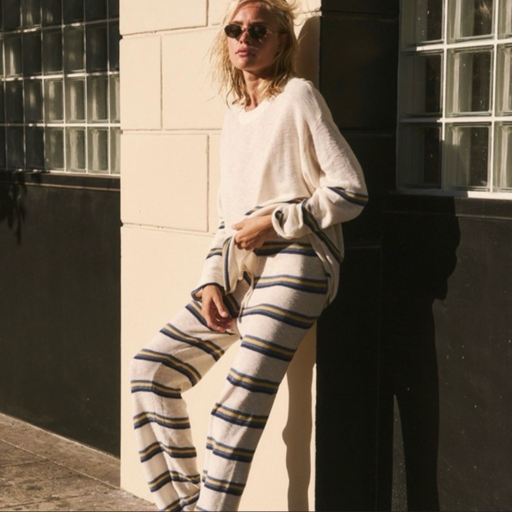 FP Beach Free People Mariner Lounge Cream Striped Knit Sweater Set M